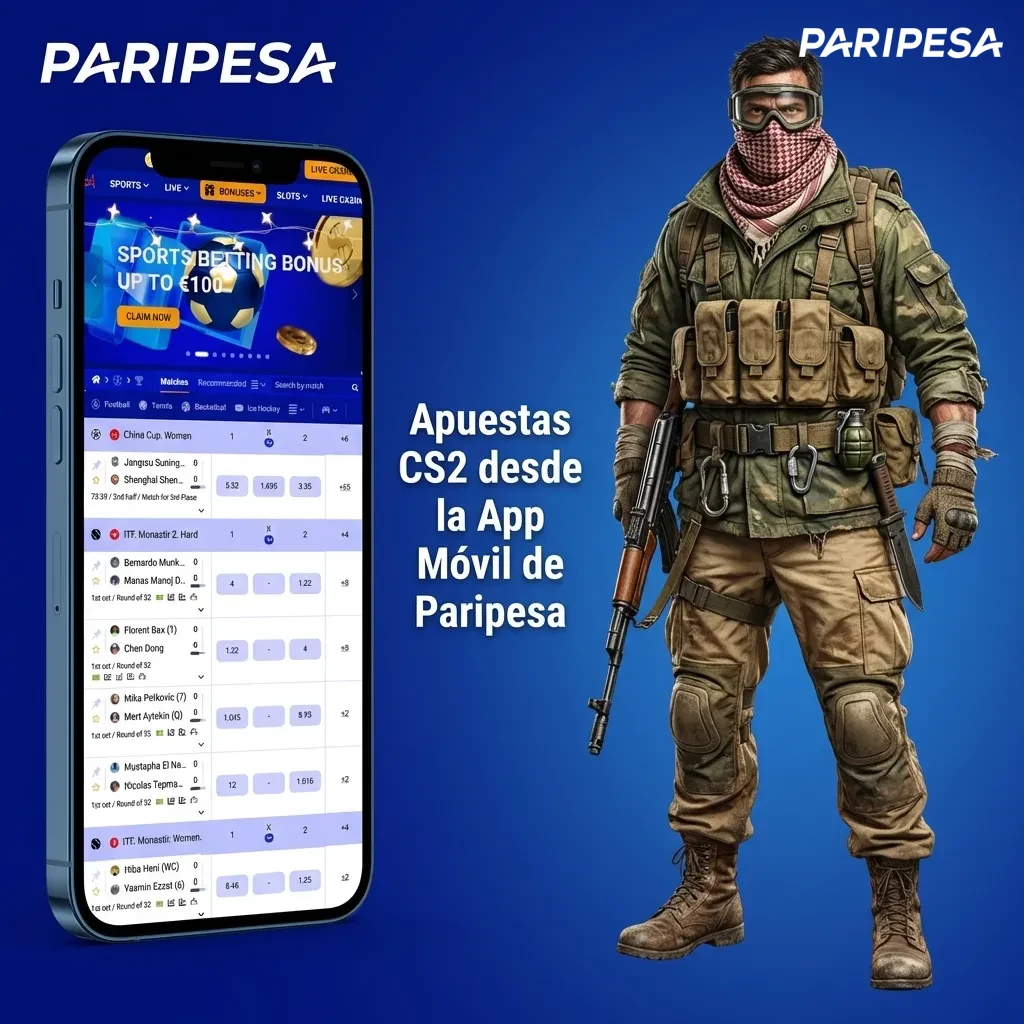 Pantalla de celular mostrando la app móvil de Paripesa con opciones de apuestas en Counter-Strike 2 y partidos en vivo