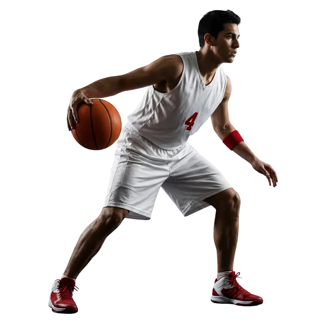 Jugador de baloncesto lanzando al aro con logo de Paripesa y cuotas de apuestas en pantalla digital