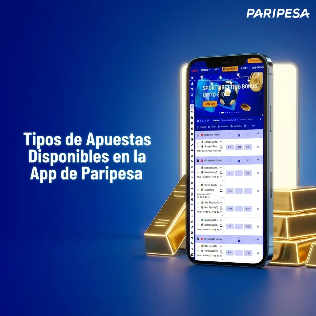 Pantalla de la app Paripesa mostrando diferentes tipos de apuestas: simple, múltiple, sistema, en vivo y de línea